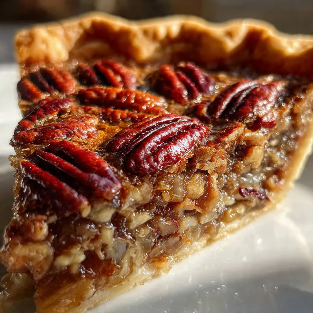Close-up slice of pecan pie showing the gooey filling and perfectly arranged pecan halves