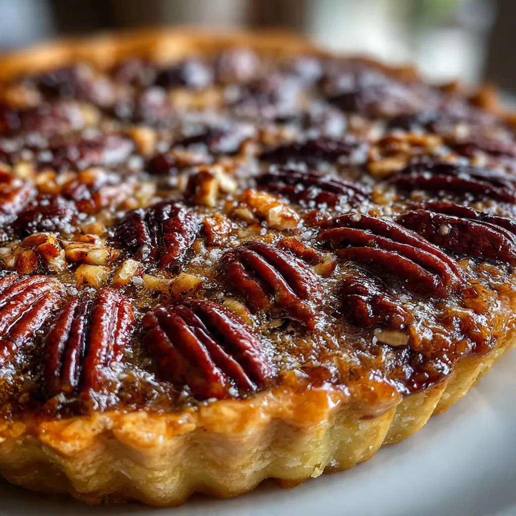 A whole pecan pie on a festive table setting next to a scoop of vanilla ice cream