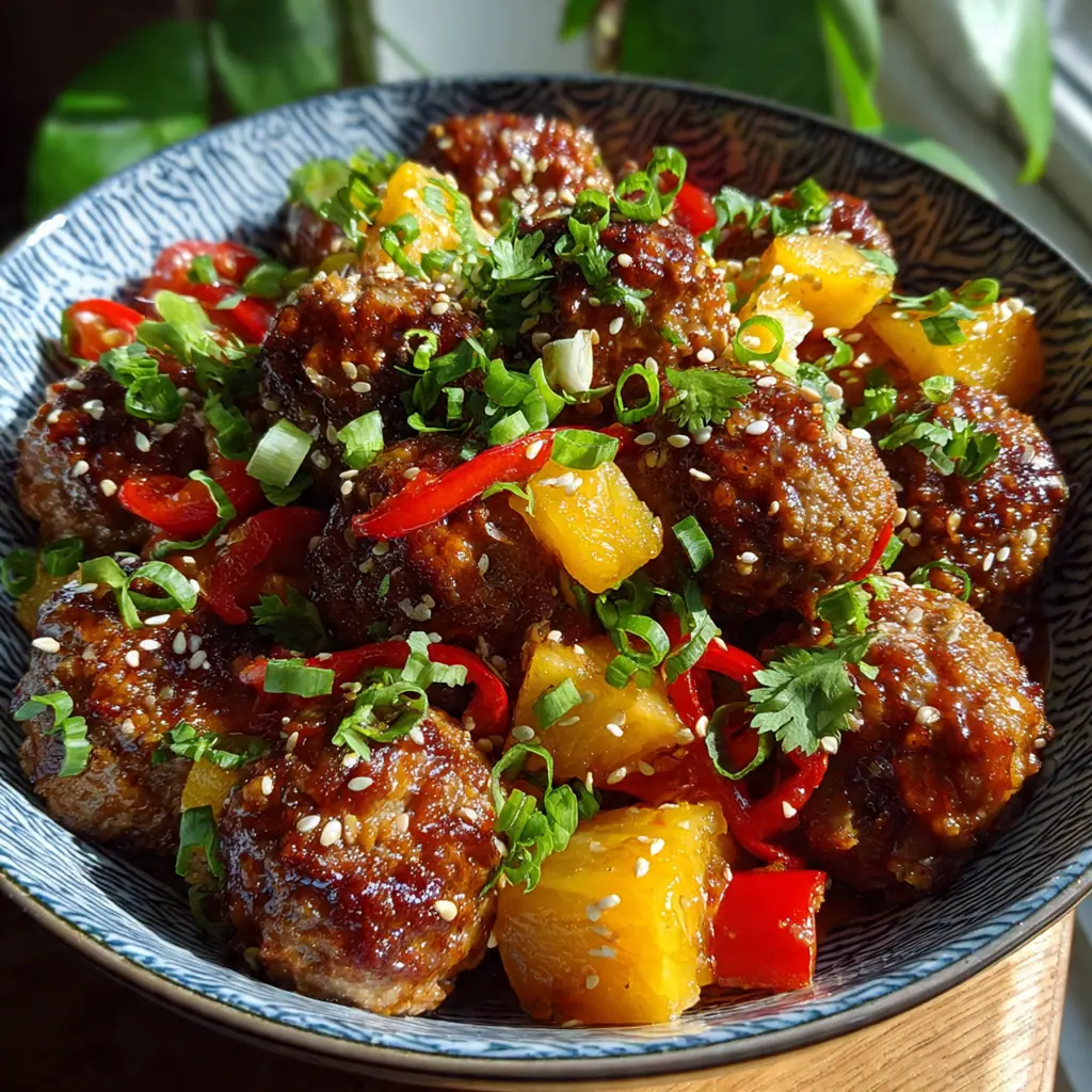 Close-up of a tender meatball coated in sticky sauce with a pineapple chunk and sesame seeds
