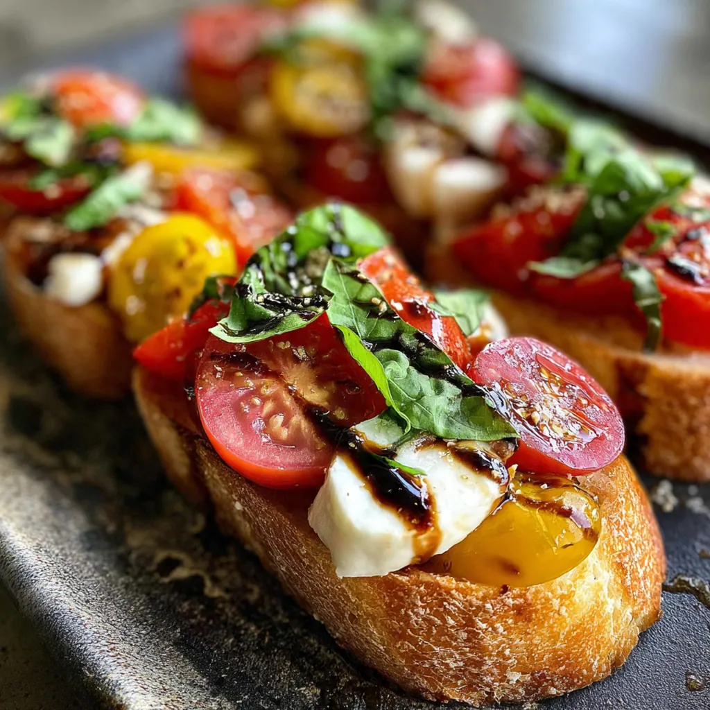Close-up of a single bruschetta showing juicy diced tomatoes and fresh basil on crispy bread