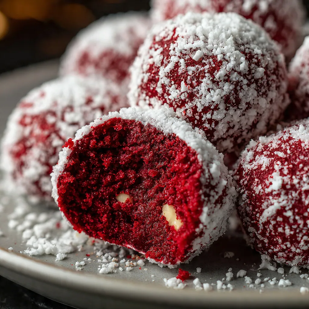 Close-up of a vibrant red cookie with a cracked center and snowy powdered sugar coating
