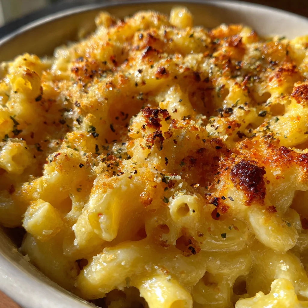 Close-up of creamy cheese sauce clinging to elbow macaroni in a baking dish