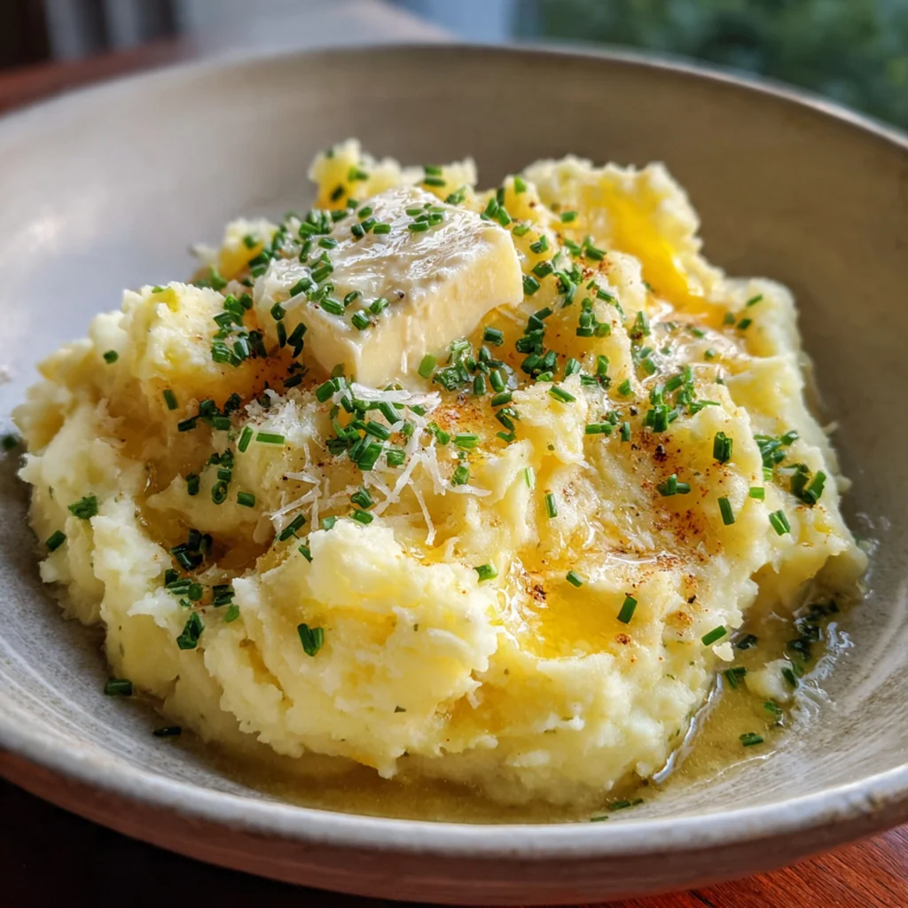 Close-up of a wooden spoon scooping into perfectly smooth and rich mashed potatoes