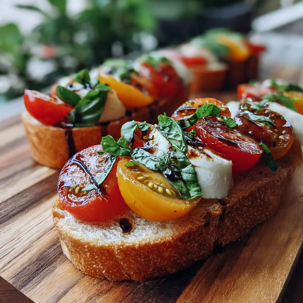Fresh ingredients for bruschetta including ripe tomatoes, basil, garlic, and a baguette on a counter
