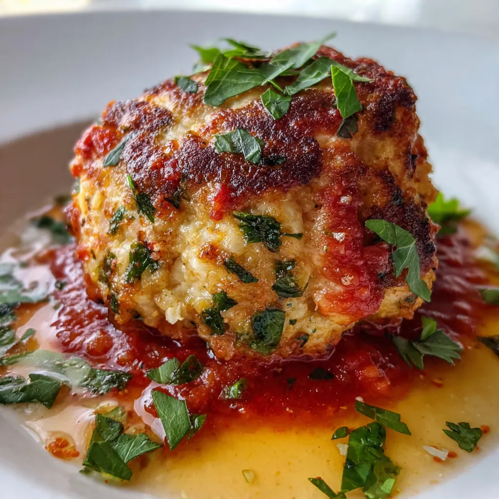 A comforting dinner plate with chicken meatballs and sauce served over a bed of spaghetti.