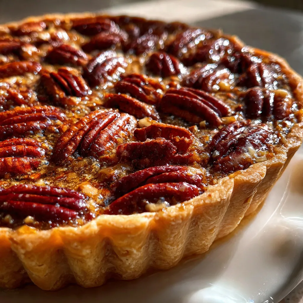 A whole pecan pie tart decorated with whole pecans next to a scoop of vanilla ice cream.