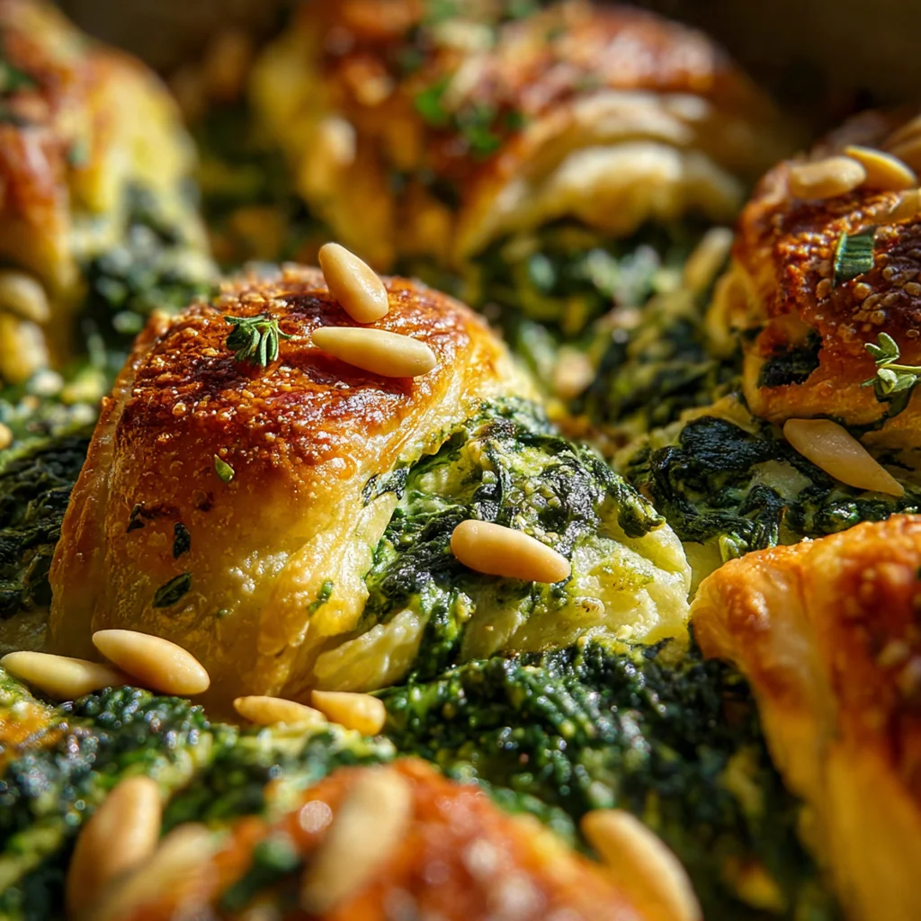 Festive platter with the entire spinach and ricotta puff pastry tree garnished with fresh basil and marinara sauce