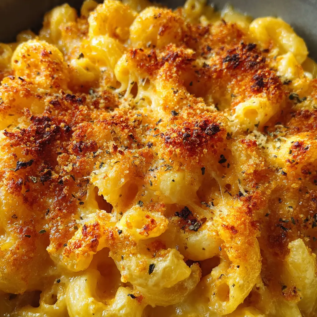 A serving of classic baked mac and cheese topped with fresh chives beside a green salad
