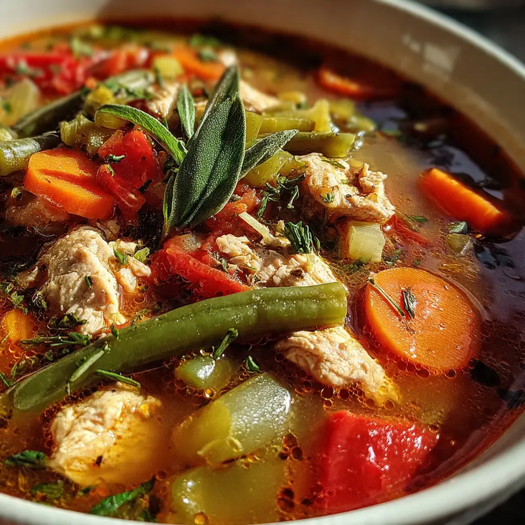 Close-up of a ladle dipping into a Dutch oven filled with hearty turkey and vegetable soup