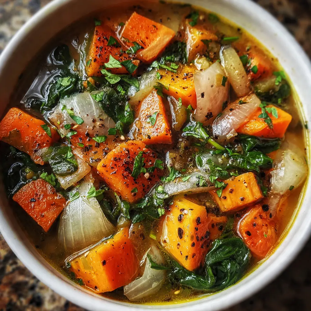 Close-up of a spoon dipping into the healing soup, showing tender carrots and chickpeas in the rich broth