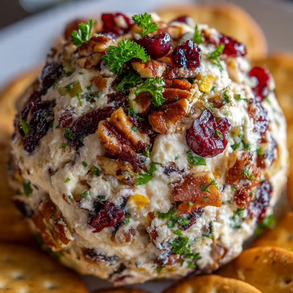 Close-up of a cracker spreading creamy cheese from the center of the holiday cheese ball