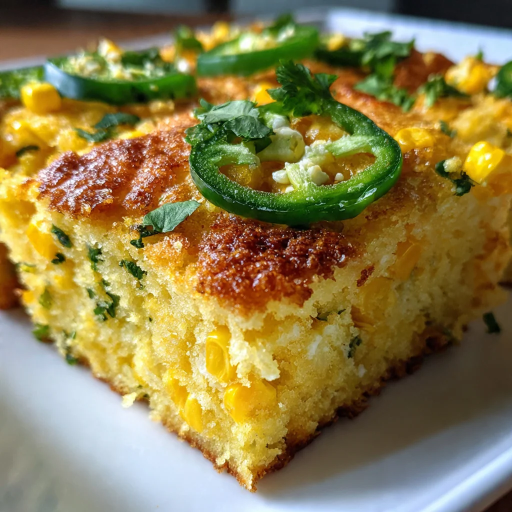 A rustic square of golden sweet corn cake served warm on a colorful ceramic plate