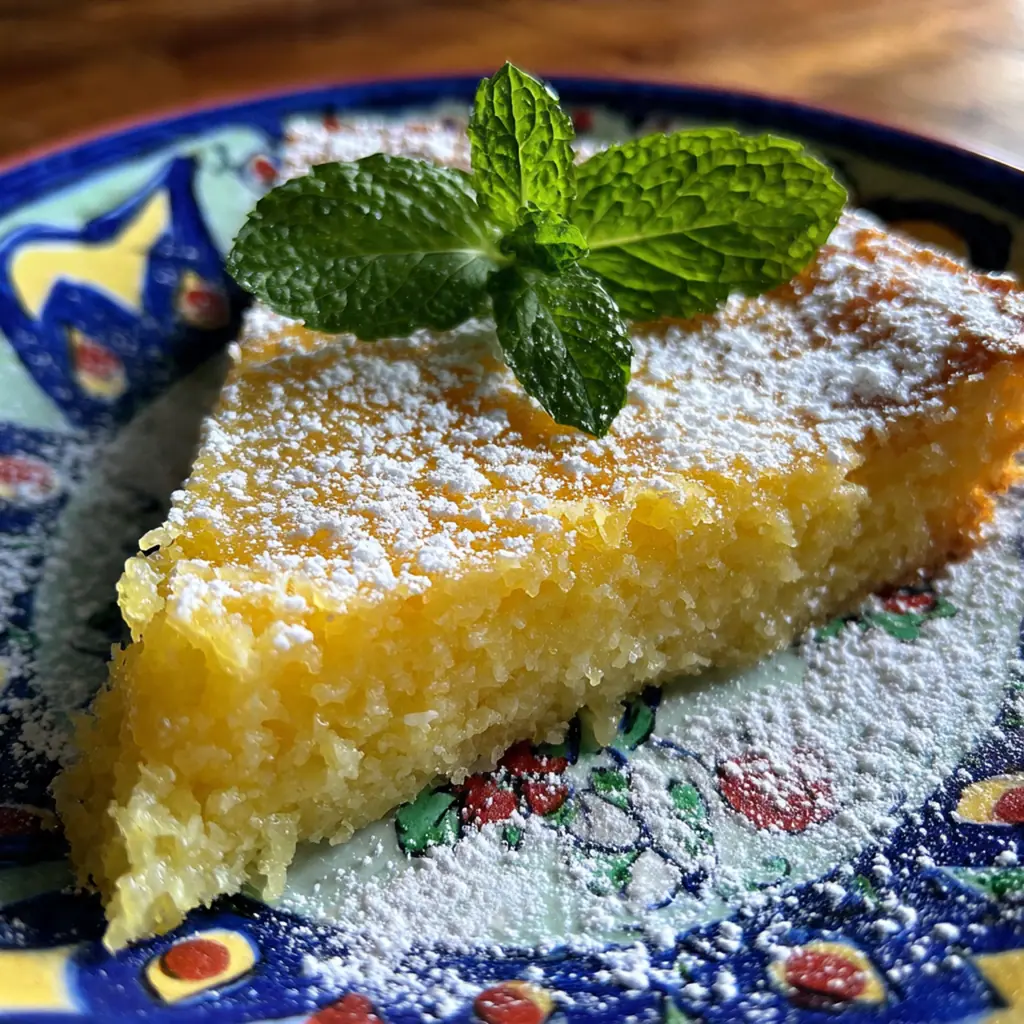 Golden brown lemon impossible pie dusted with powdered sugar on a ceramic stand