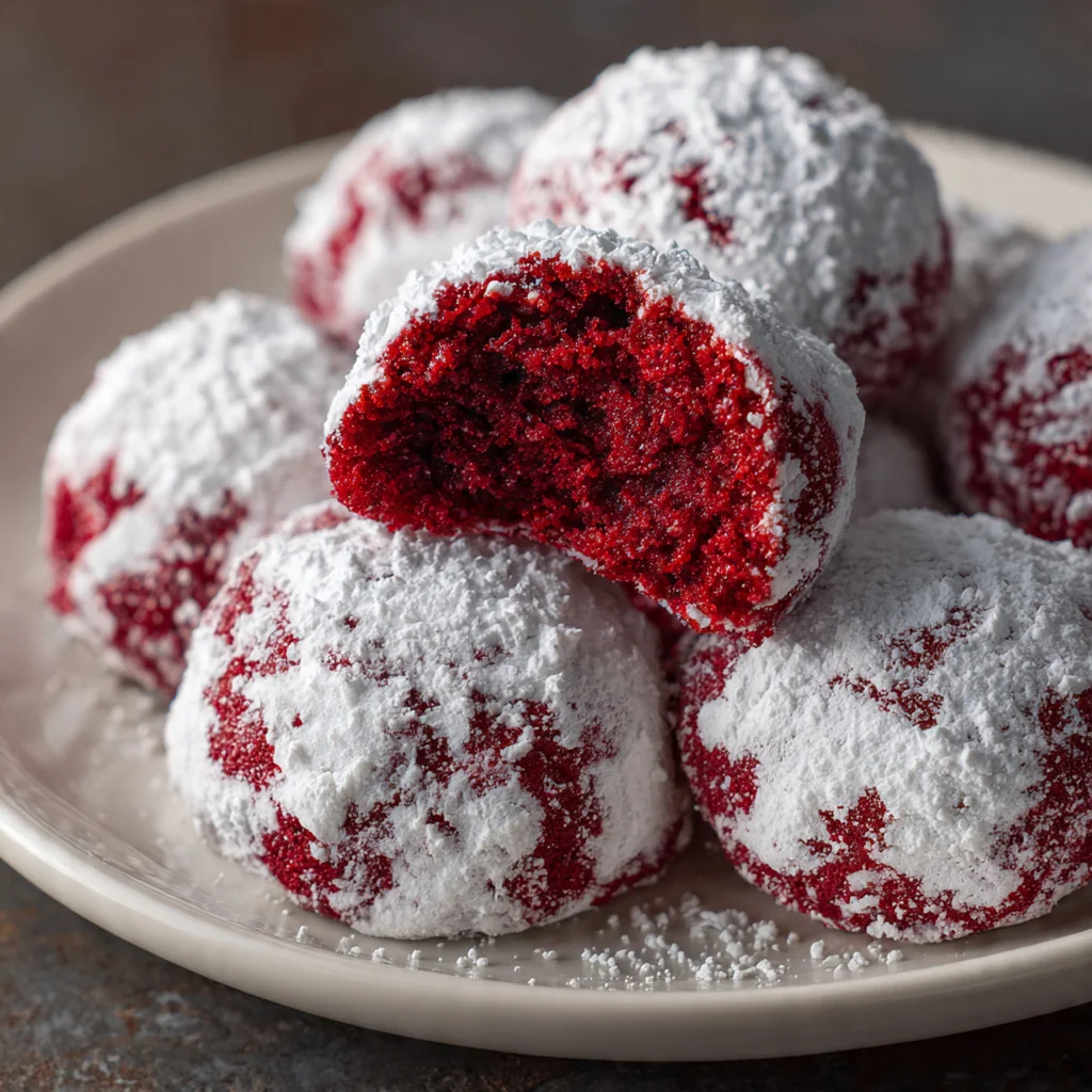 A festive plate of red velvet snowball cookies heavily dusted with powdered sugar