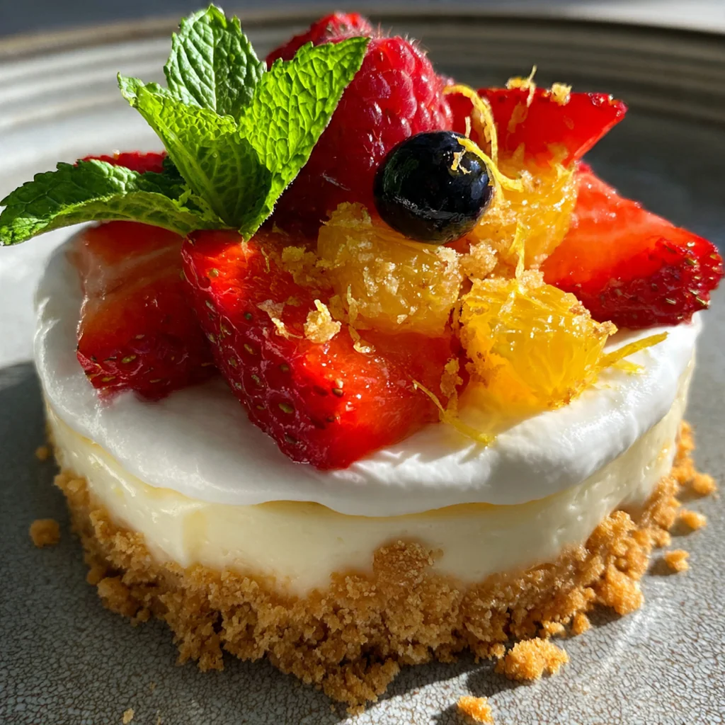 A perfect small cheesecake with a golden graham cracker crust and a creamy filling, topped with fresh red raspberries.