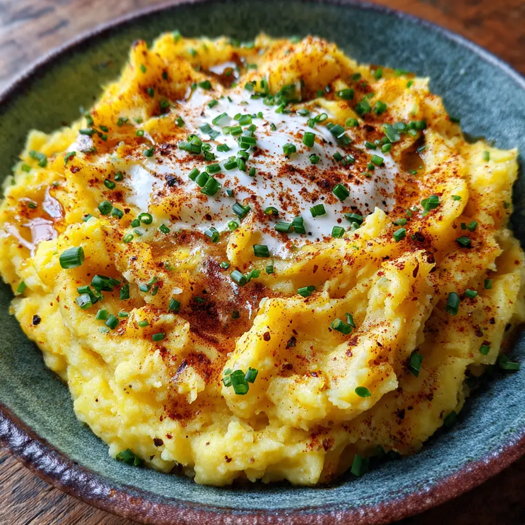 A large bowl of creamy, fluffy mashed potatoes topped with melted butter and fresh chopped chives