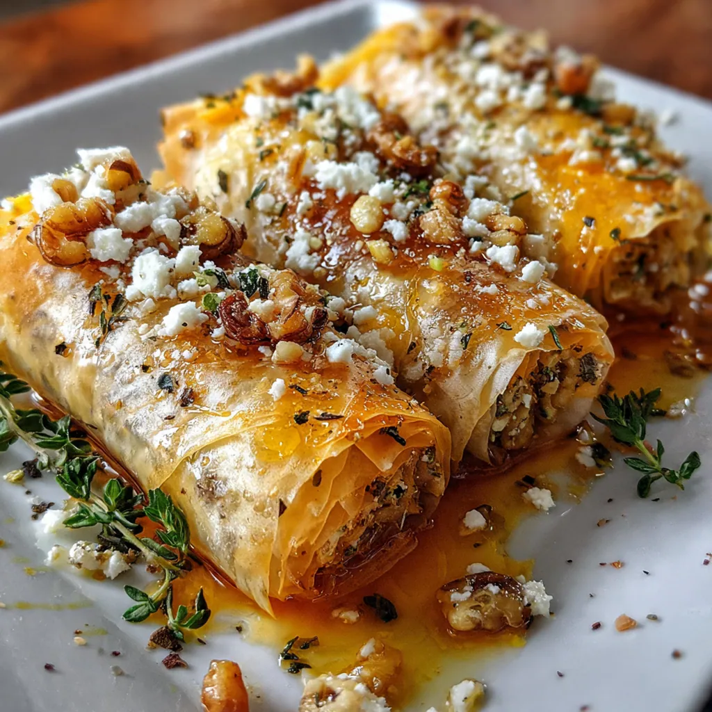 A platter of golden brown honey feta phyllo rolls drizzled with warm honey and garnished with fresh mint