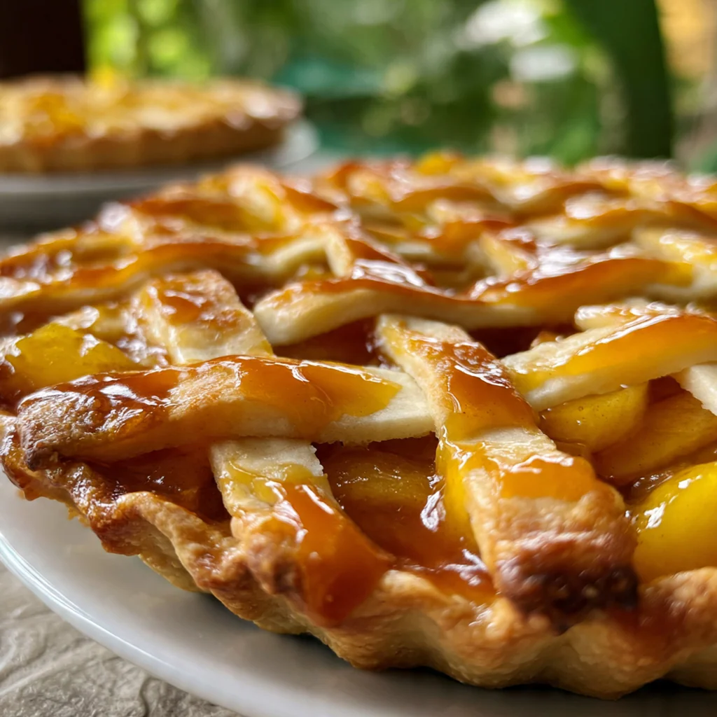 Golden brown apple pie with lemon curd slice showing layered filling and flaky crust