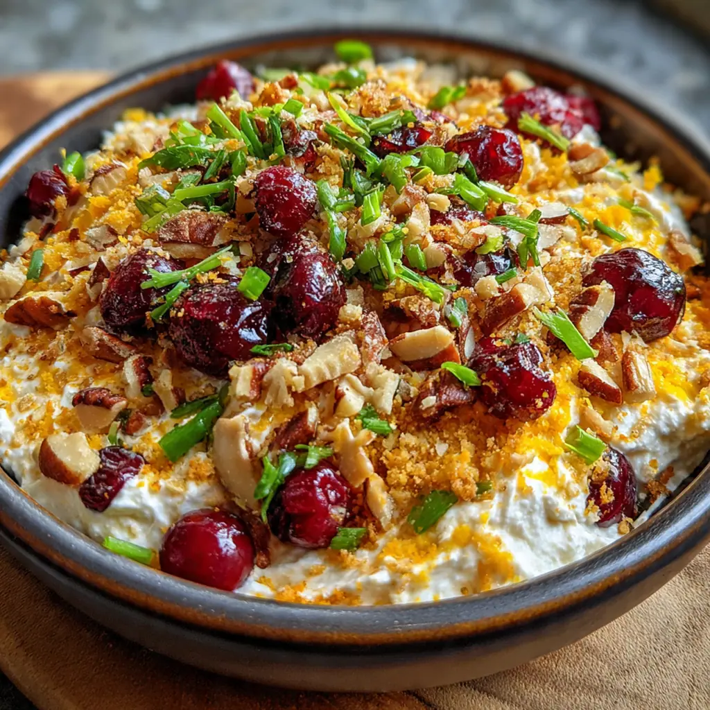 A bubbling baked cranberry cream cheese dip with a golden pecan crumble topping in a cast iron skillet