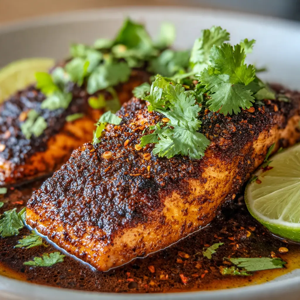 Cocoa spiced salmon fillets with a dark, savory crust fresh from the oven on a baking sheet