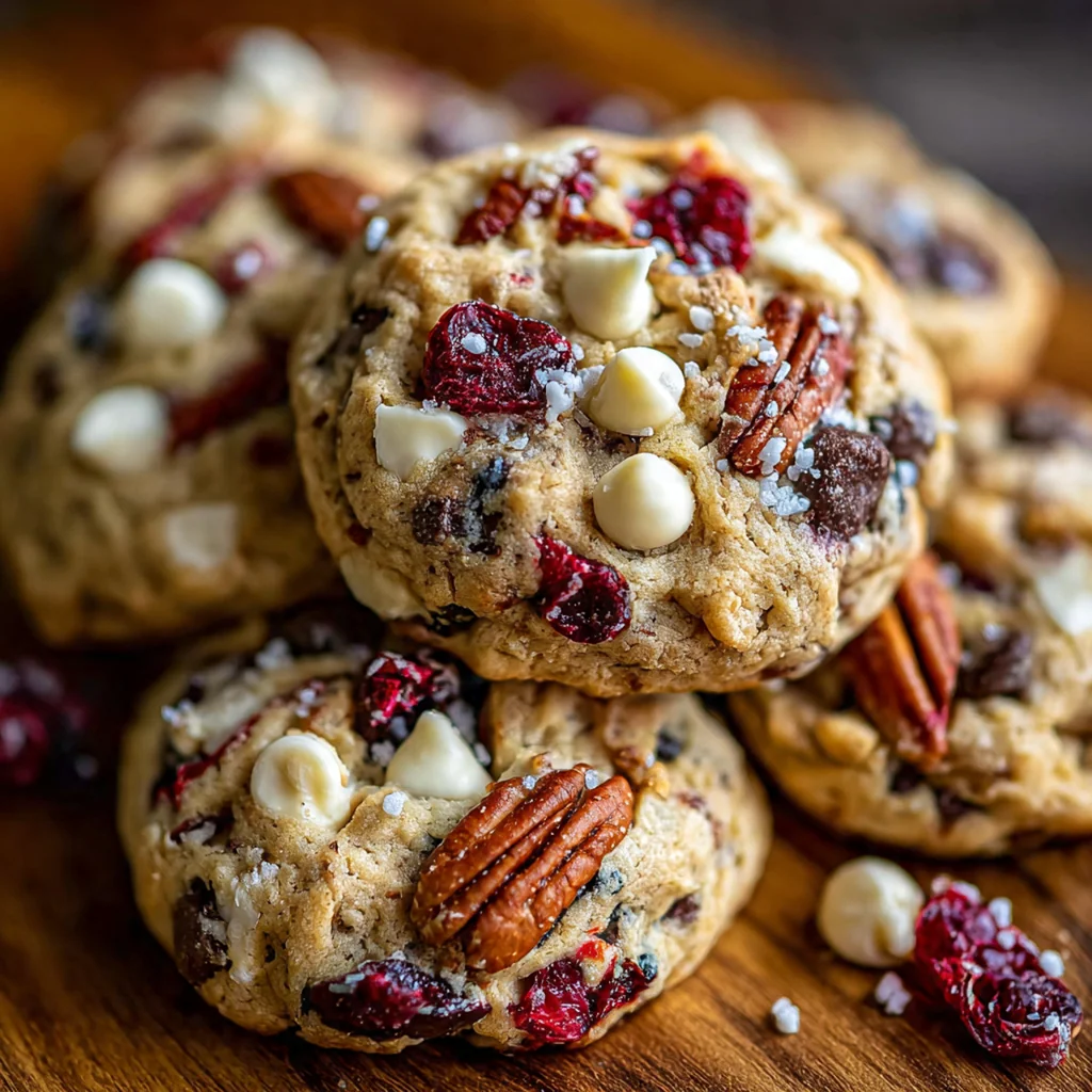 Close-up of a chewy kitchen sink cookie with melted chocolate chips and festive candy cane sparkle