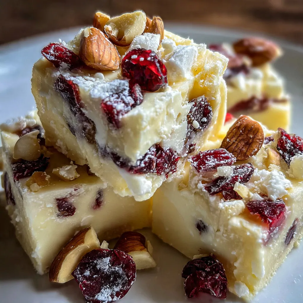 Festive holiday dessert platter featuring white chocolate cranberry fudge alongside coffee and fresh fruit