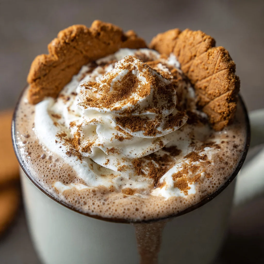Ingredients for Biscoff hot chocolate including a jar of spread, cocoa, and chocolate chips arranged on a wooden table