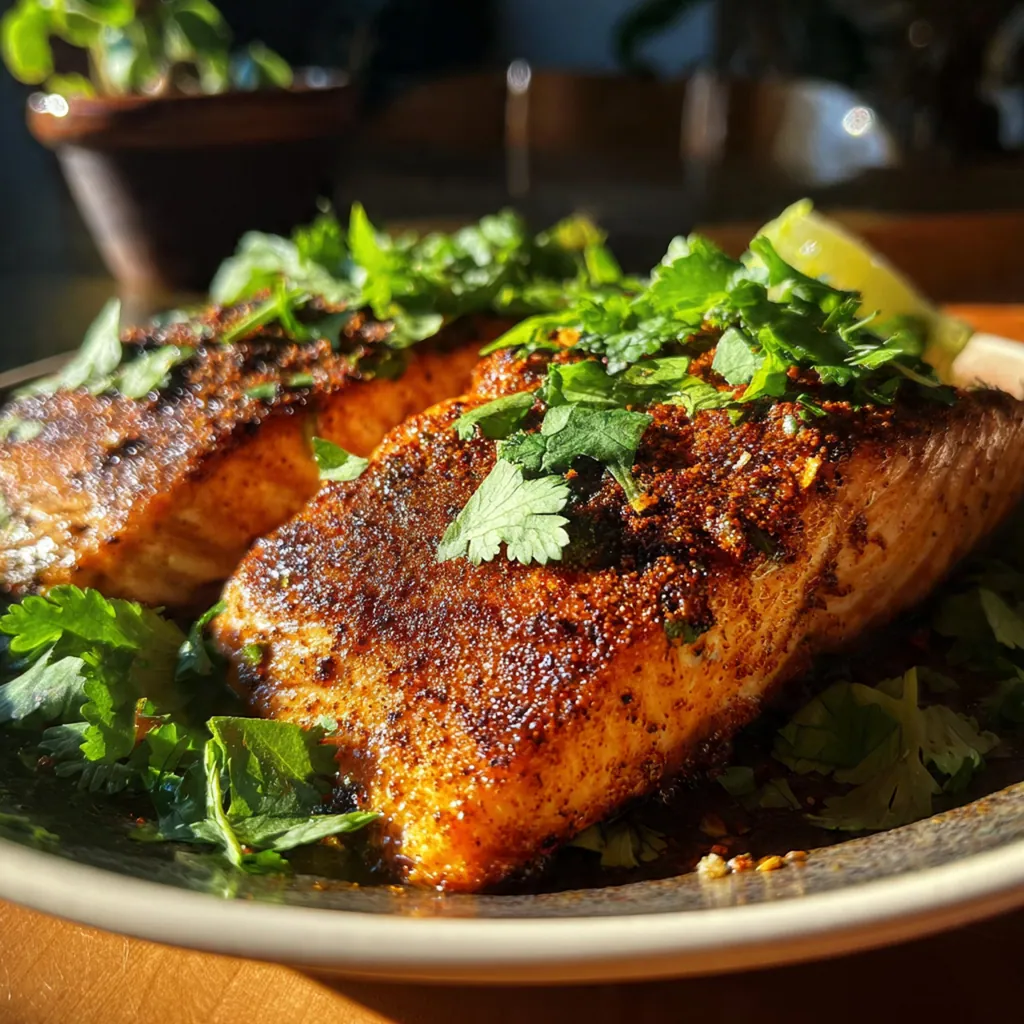 Close-up of flaky cocoa spiced salmon garnished with fresh cilantro and a lime wedge