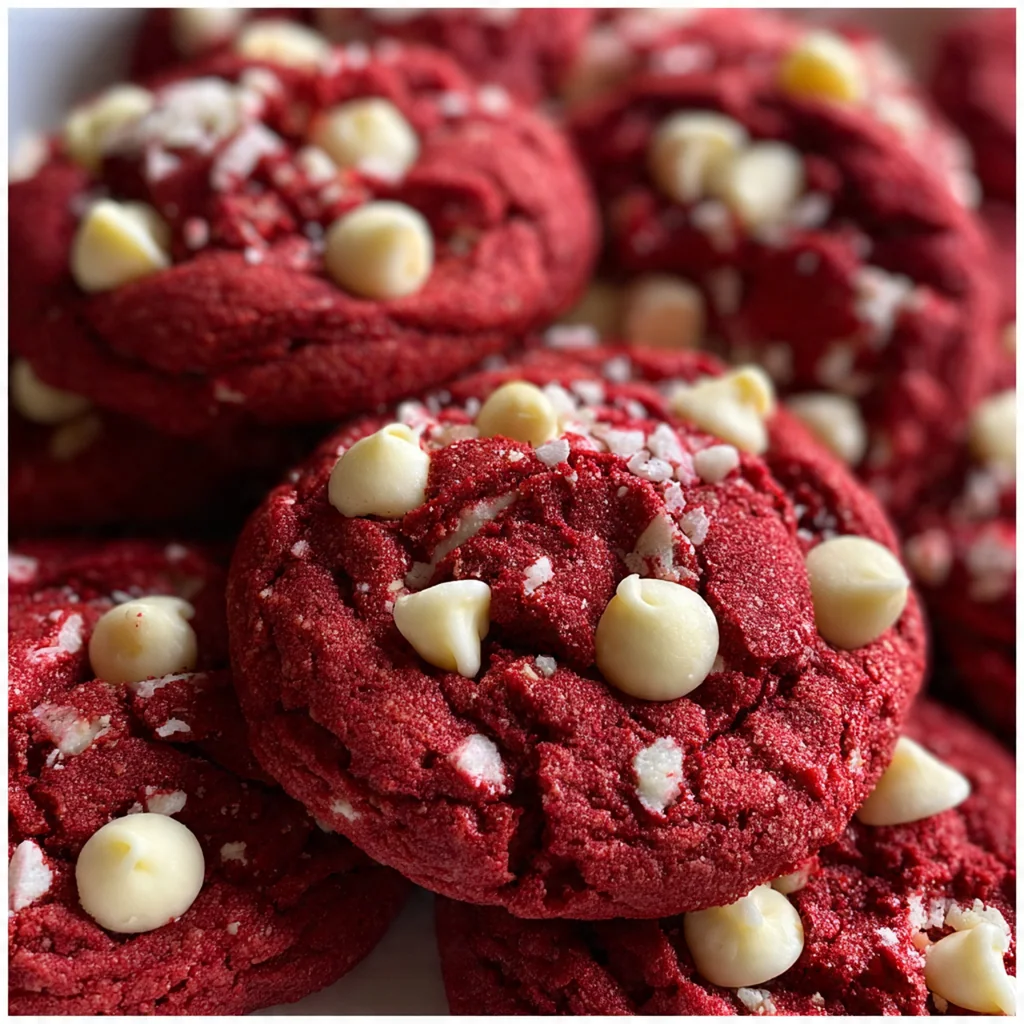 A stack of red velvet cookies beside a glass of milk on a festive table