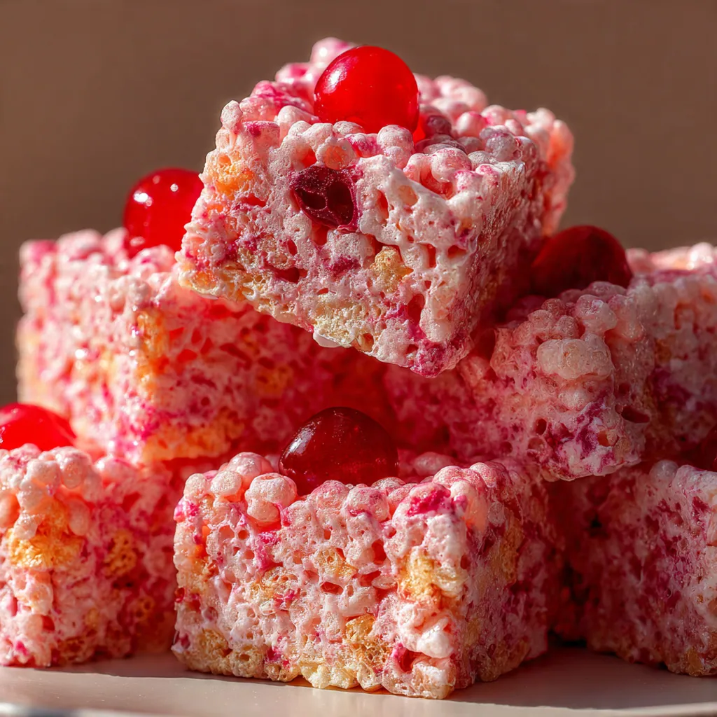 Close-up of a single treat showing the gooey marshmallow texture and chopped cherry pieces