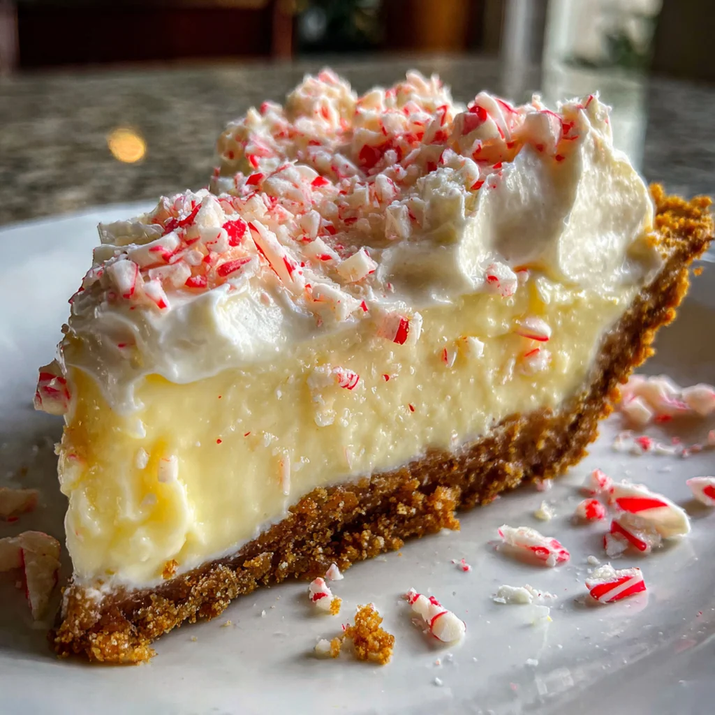 Close-up slice of peppermint pie showing creamy pink filling and crushed candy cane garnish