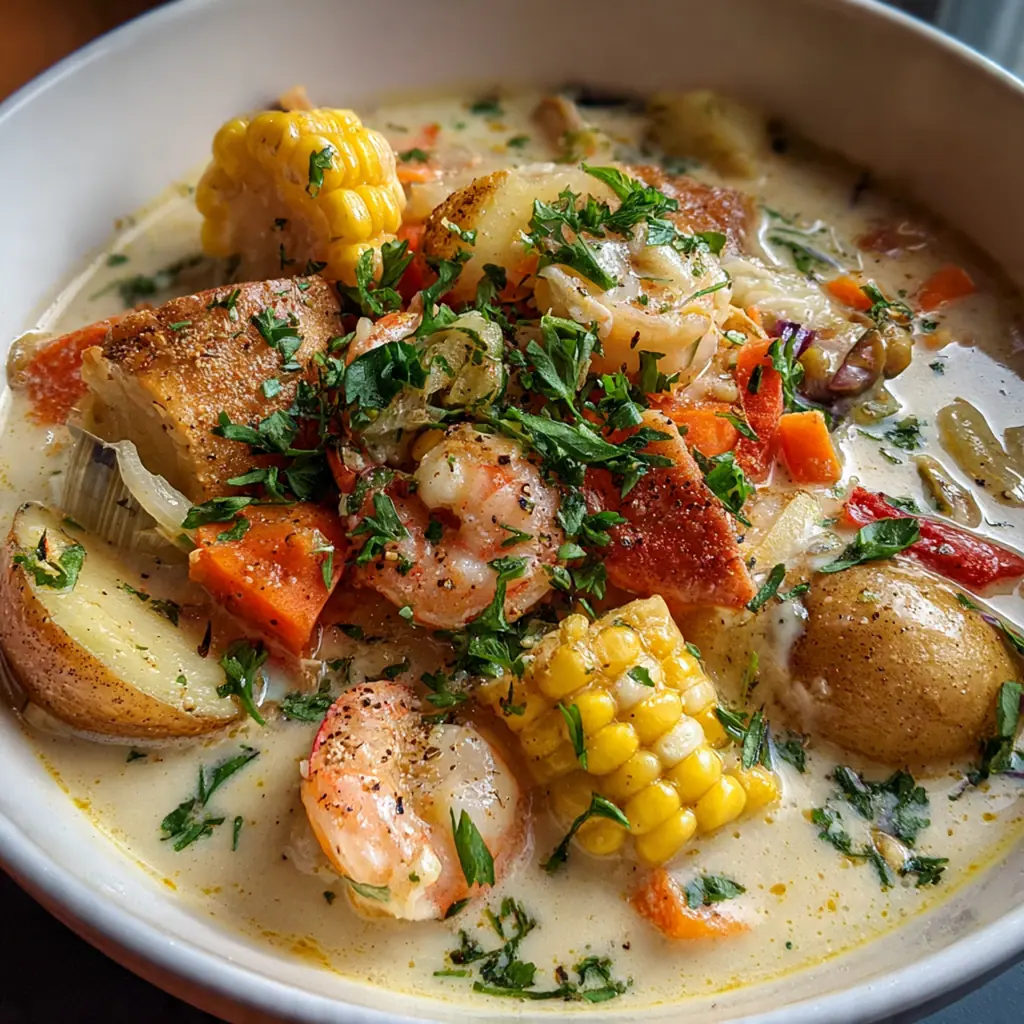 Close-up of a ladle dipping into a pot of chowder showing tender potatoes and pieces of white fish