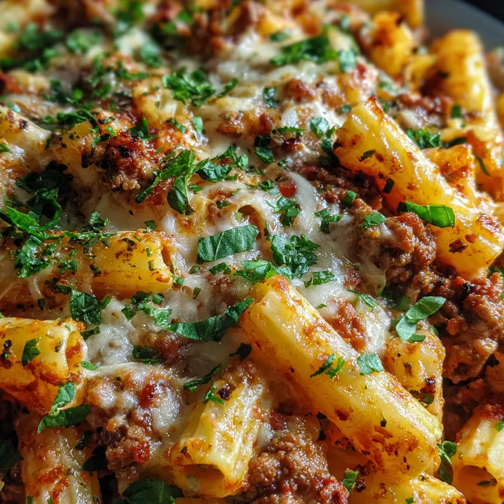 Close up of a serving of baked ziti showing layers of pasta, meat sauce, and melted cheese