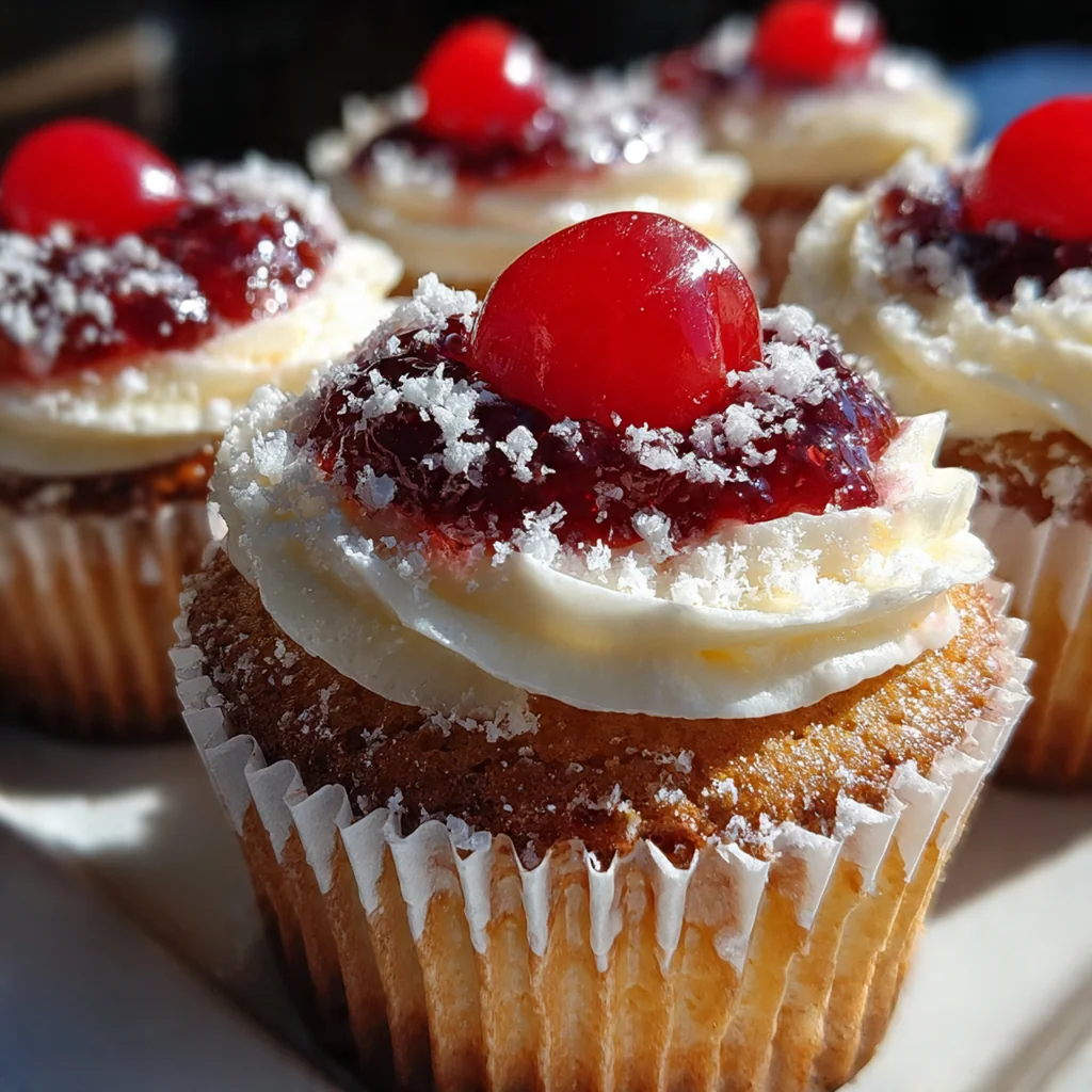 A dozen Cherry Cheesecake Cupcakes displayed on a rustic wooden platter with fresh mint garnish