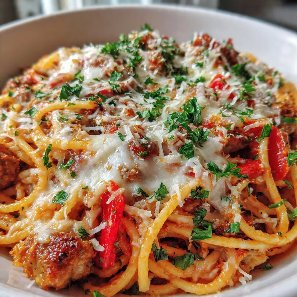 A family-style plate of baked pizza spaghetti next to a green salad and garlic bread