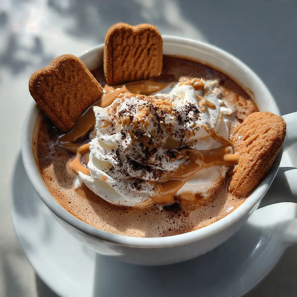 Close-up of a spoon drizzling caramel sauce over a frothy mug of spiced hot chocolate