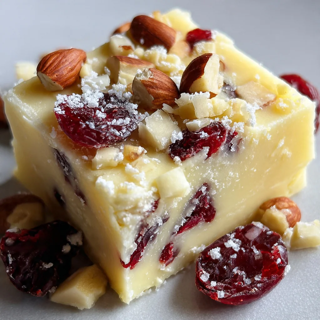 Close-up of a square of white chocolate cranberry fudge with a glossy white chocolate drizzle