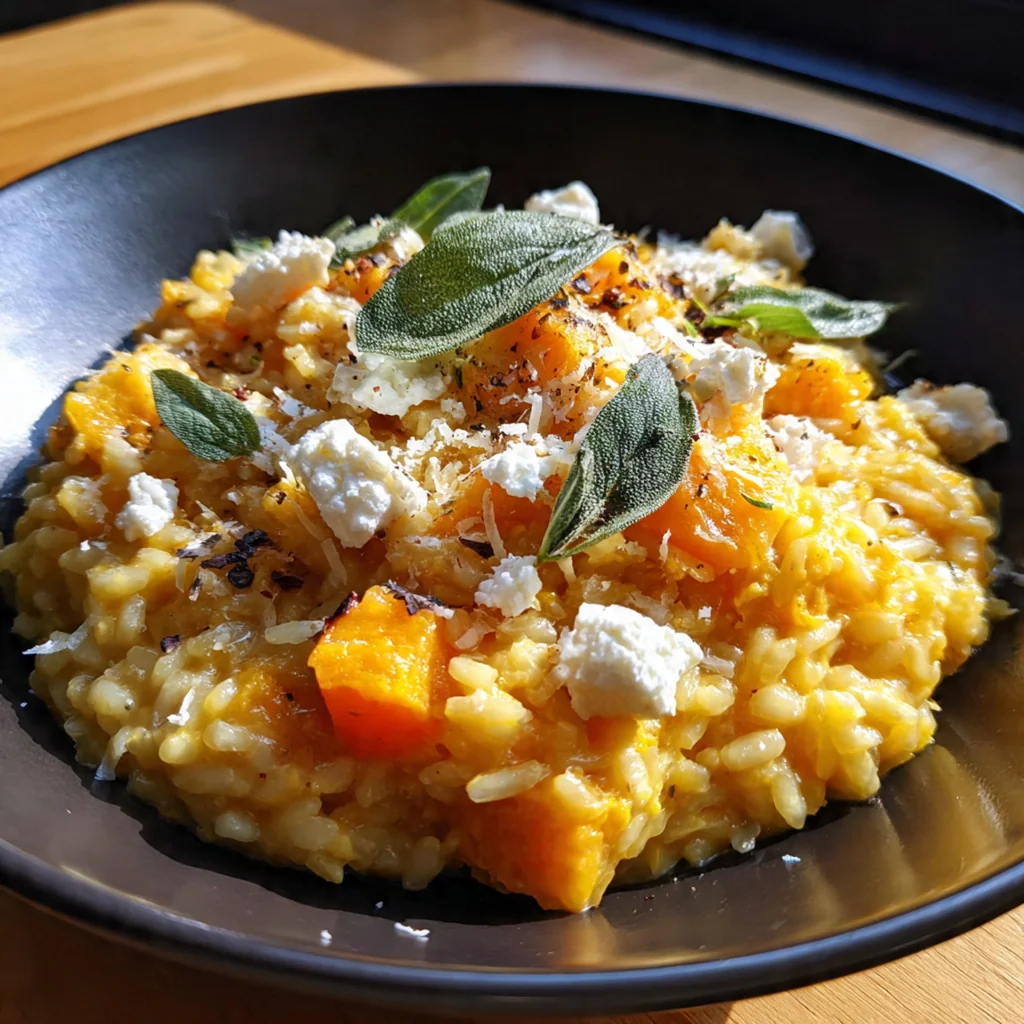 A rustic autumn table setting with a bowl of pumpkin risotto, a glass of white wine, and scattered pumpkin seeds
