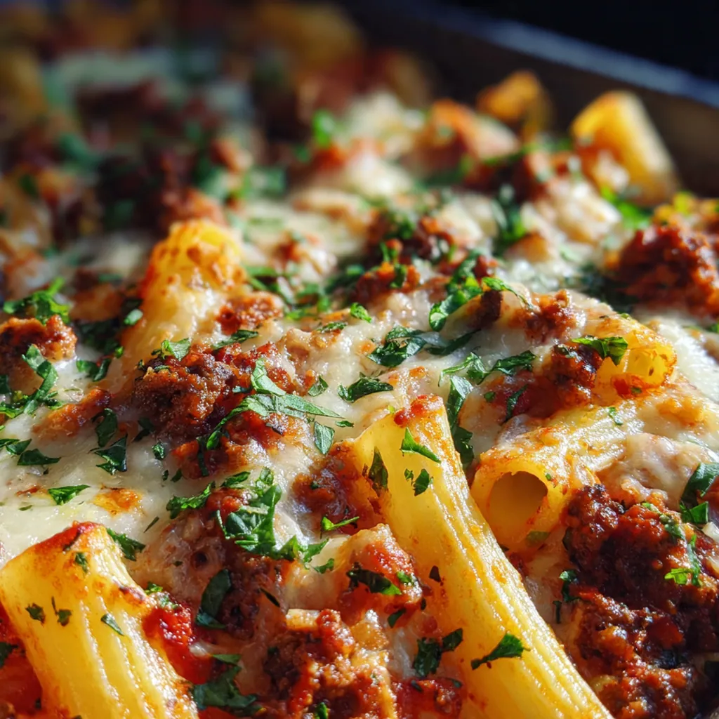 A full dinner plate with a slice of baked ziti, a green salad, and a piece of garlic bread