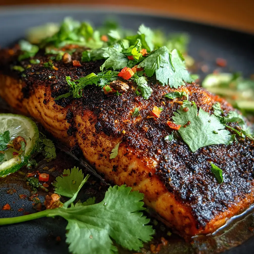 A complete dinner plate featuring cocoa spiced salmon served over cilantro rice with roasted asparagus