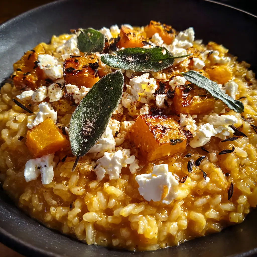 Close-up of a wooden spoon scooping into a pot of rich, creamy pumpkin risotto