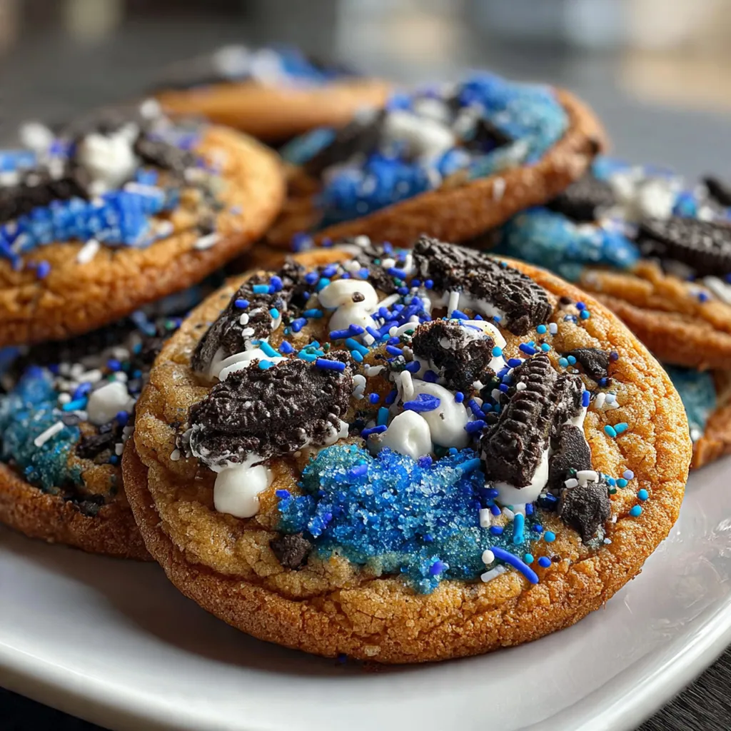 A child's hand reaching for a cheerful blue cookie next to a glass of milk on a colorful table
