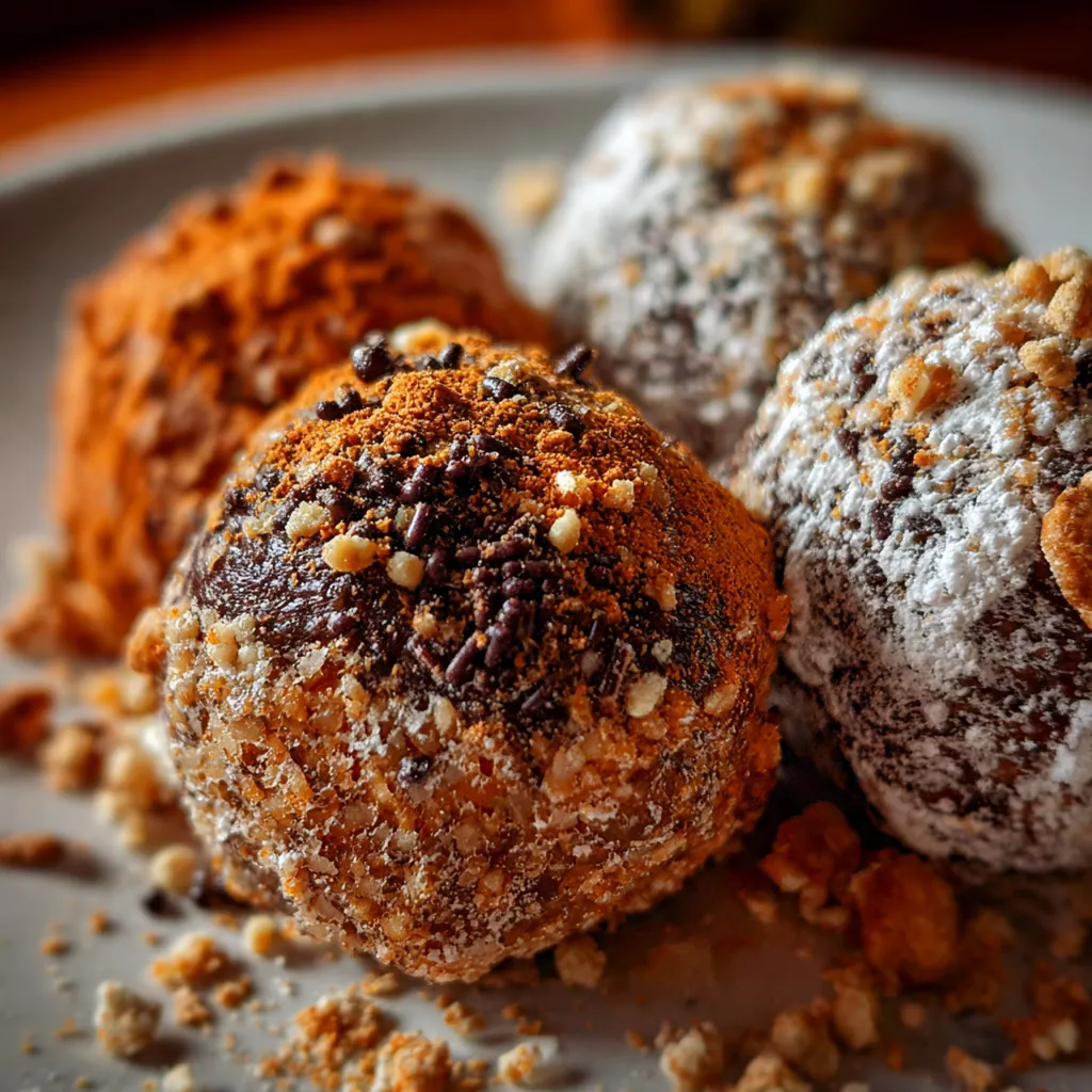 A festive holiday cookie tray featuring German rum balls next to other traditional treats and a cup of coffee