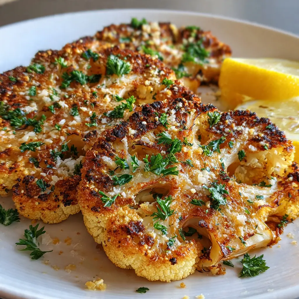A beautiful dinner plate featuring a cheesy cauliflower steak alongside a simple arugula salad and a bowl of soup