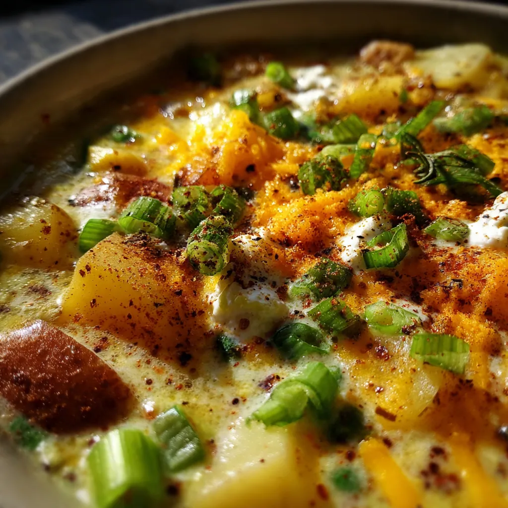 Close-up of a spoon dipping into rich, cheesy potato soup with visible tender potato chunks