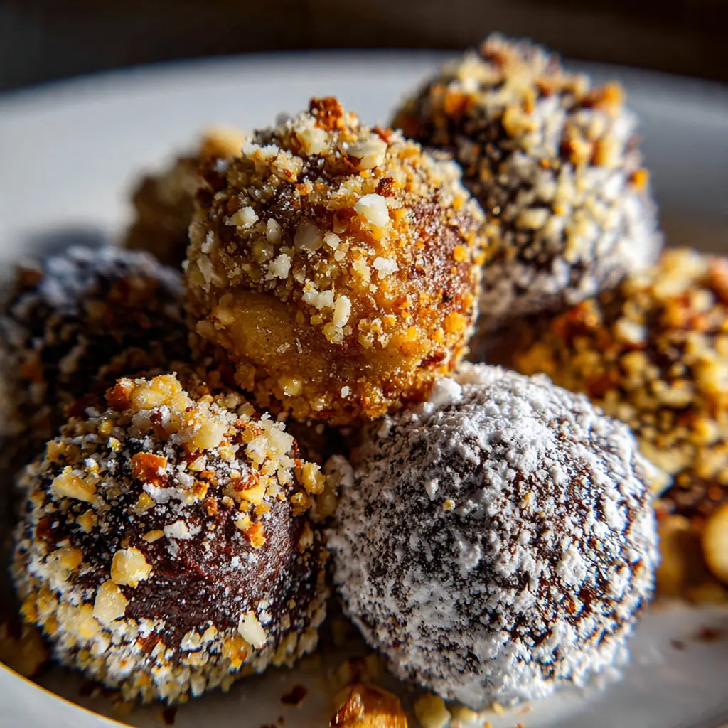 Close-up of a hand rolling a dark chocolate rum ball in a bowl of shiny chocolate sprinkles