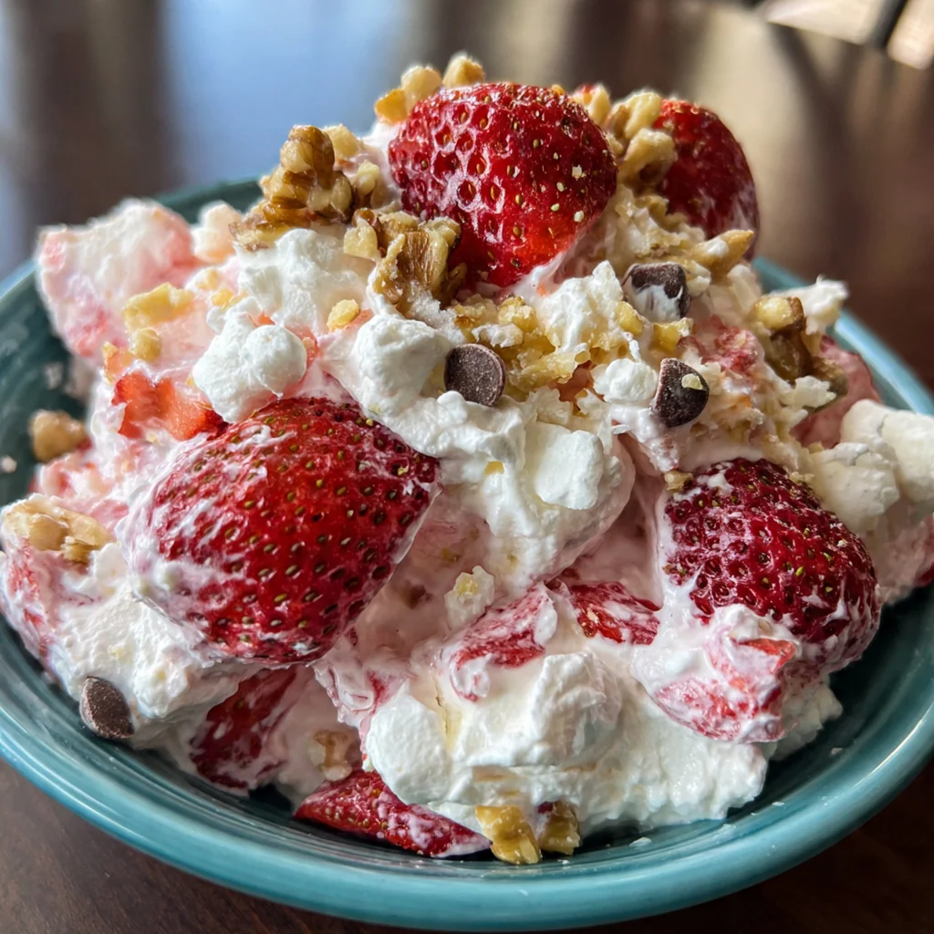 Close-up of the fluffy texture showing chunks of strawberry and pineapple mixed into the creamy base.