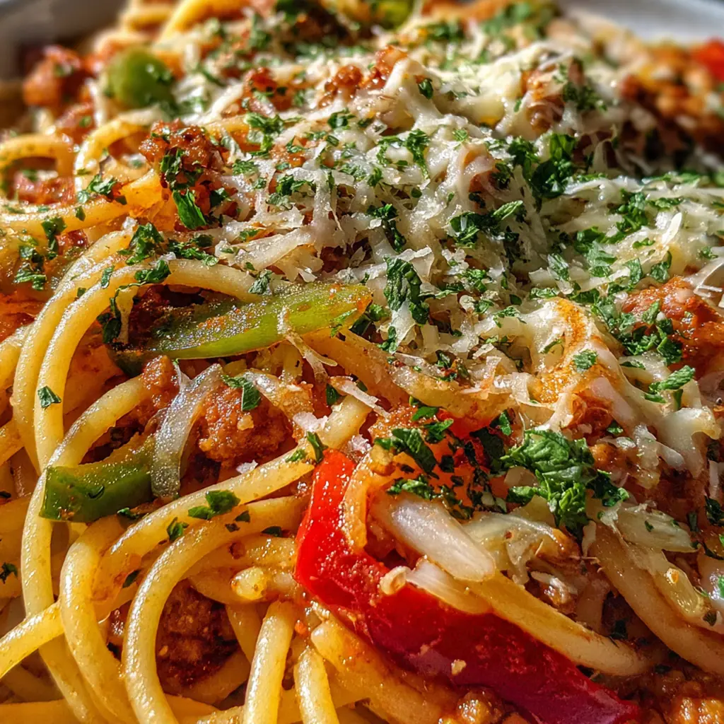 Close-up of a serving of baked pizza spaghetti showing layers of pasta, sauce, and gooey cheese