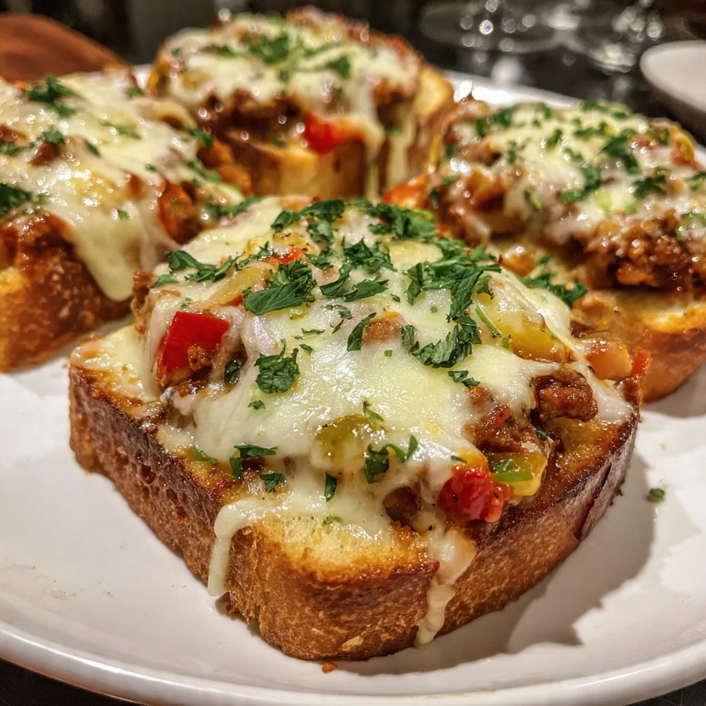 A half-eaten Italian Garlic Bread Sloppy Joe showing the juicy meat filling and perfectly melted cheese layers