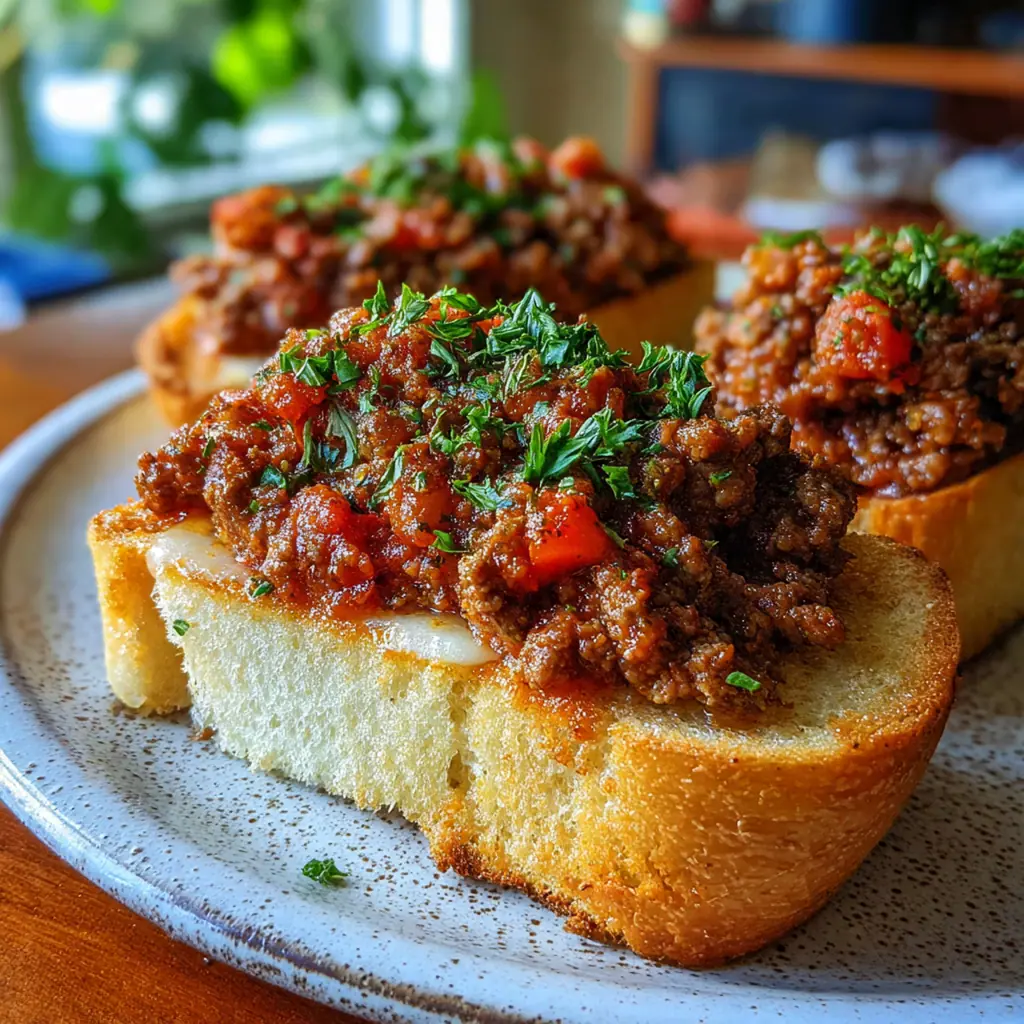 A close-up of a loaded sloppy joe sandwich on a toasted garlic bread baguette with herbs and cheese